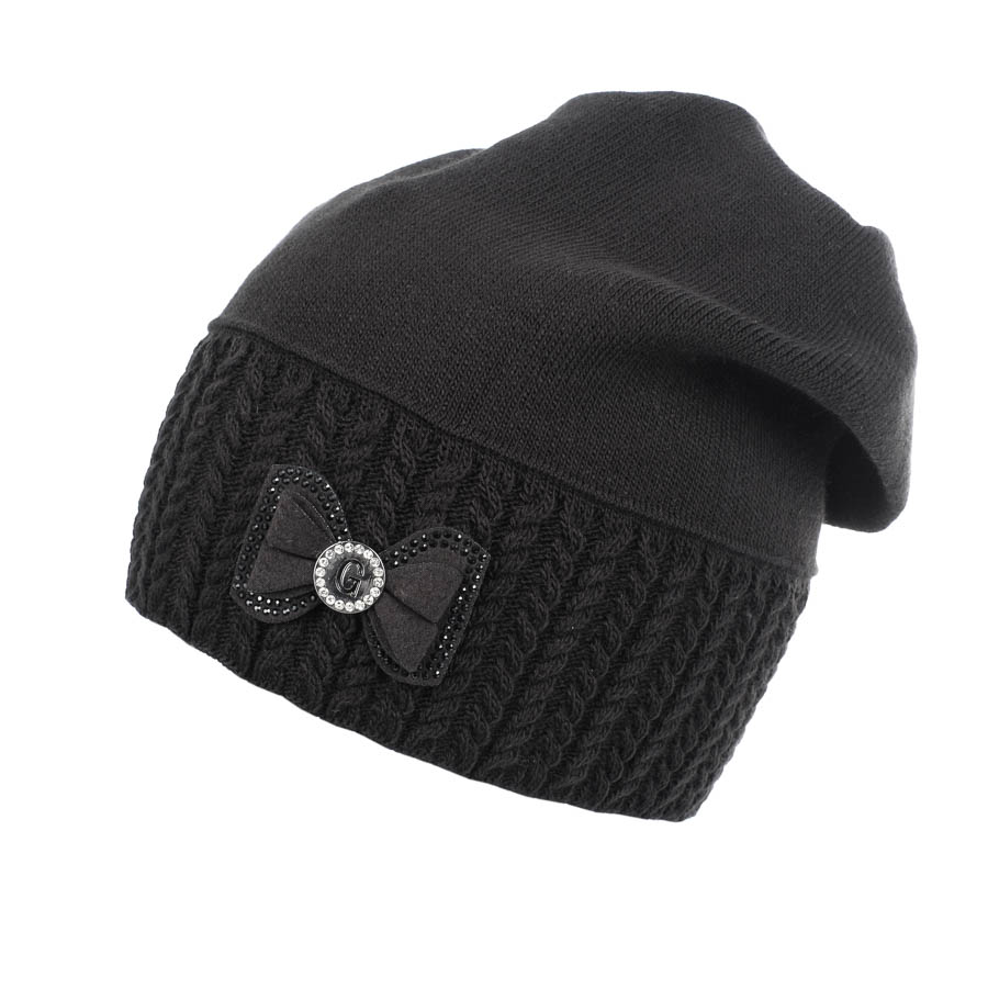 Női sapka masnival, fekete, 30% gyapjú, lengyel termék (1) Női sapka masnival, fekete, 30% gyapjú, lengyel termék